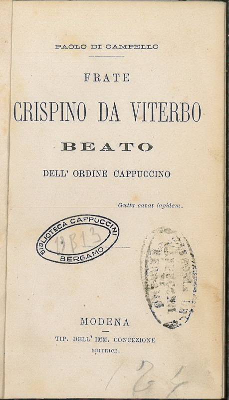 Copertina  Frate Crispino da Viterbo beato dell'ordine cappuccino