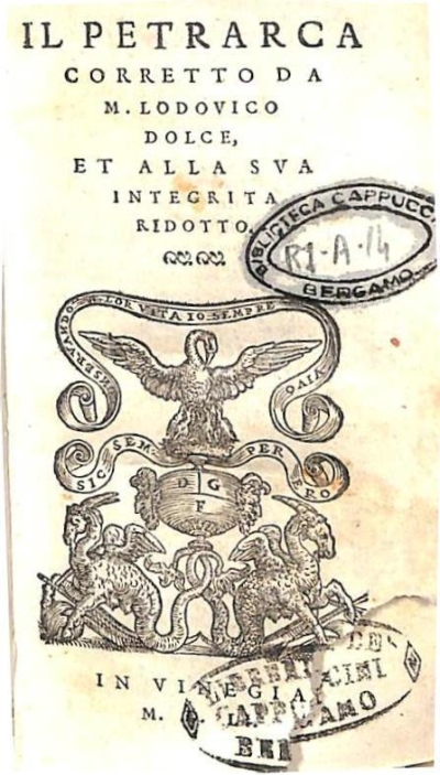 Copertina  Il Petrarca ; Trionfi. Corretto da M. Lodovico Dolce, et alla sva integrità ridotto.