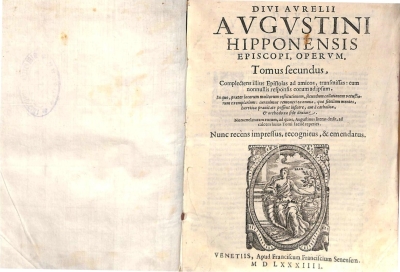 Copertina  Divi Avrelii Avgvstini Hipponensis Episcopi, Opervm, Tomus secundus , Complectens illius Epistolas ad amicos , transmissas : cum nonnullis responsis eorum ad ipsum . In quo , praeter locorum multorum restitutionem,secundum collationem vetustiorum exemplarium : curauimus remoueri ea omnia , quae fidelium mentes , haeretica prauitate possent inficere , aut à catholica , & orthodoxa fide deuiare. Nomenclaturam eorum,ad quos, Augustinus literas dedit, ad calcem huius Tomi facilè reperies. Nunc recèns impressus, recognitus , & emendatus.