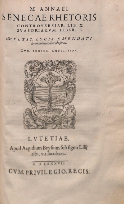 Copertina  M. Annaei Senecae. Rhetoris Controversiar. Lib. X. Svasoriarvm. Liber. I. Mvltis. locis. emendati et annotationibus illustrati. Cvm Indice amplissimo.