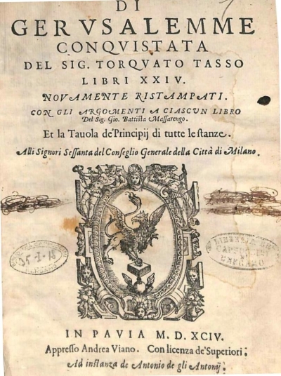 Copertina  Di Gervsalemme conqvistata del sig. Torqvato Tasso libri XXIV. Novamente ristampati. Con gli argomenti a ciascun libro Del Sig. Gio. Battista Massarengo. Et la Tauola de' Principij di tutte le stanze.
