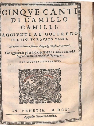 Copertina  Cinqve Canti di Camillo Camilli, aggivnti al Goffredo del Sig. Torqvato Tasso ,  Di nuouo da lui con somma diligenza reuisti, et corretti.