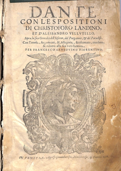 Copertina  Dante con l'espositioni di Christoforo Landino, et d'Alessandro Vellvtello. Sopra la sua Comedia dell'Inferno, del Purgatorio, et del Paradiso. Con Tauole , Argomenti , & Allegorie , & riformato , riueduto , & ridotto alla sua vera Lettura, per Francesco Sansouino Fiorentino.