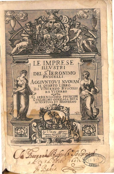 Copertina  Le imprese illvstri del Sor. Ieronimo Rvscelli. Aggivntovi nvovam.te il qvarto libro da Vincenzo Rvscelli da Viterbo ; Il qvarto libro delle imprese illvstri Con figvre di stampe di rame aggivnto da Vincenzo Rvscelli da Viterbo.


