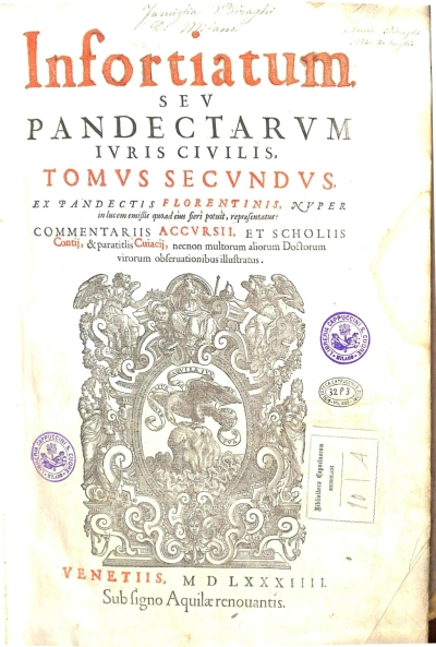 Copertina  Infortiatum, sev Pandectarvm ivris civilis tomvs secvndvs. Ex Pandectis Florentinis, nvper in lucem emissis, quoad eius fieri potuit, repraesentatus: Commentarijs Accvrsii, et scholiis Contij, & paratitlis Cuiacij, necnon multorum aliorum Doctorum virorum obseruationibus illustratus.