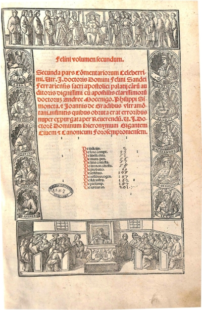 Copertina  Felini volumen secundum. Secunda pars Commentariorum Celeberrimi Utr. I. Doctoris Domini Felini Sandei Ferrariensis sacri apostolici palatii carum auditoris dignissimi cum a postillis clarissimorum doctorum Andree Mocenigo. Philippi Simoneta. et Ioannis de Gradibus vltramontani.infinitis quibus obruta erat errori bus nuper expurgata per Reuerendum U. I. Doctorem Dominum Hieronymum Gigantem Ciuem et Canonicum forosemproniensem.
De iudiciis[2]. De foro compe. [33]. De libelli obla. [51]. De metu.peri.[56]. De litis contesta.[57]. De lite non contesta.[58]. De probatio [69]. De restibus [105]. De restibus cogen.[157]. De fide instru.[162]. De pretiump.[187]. De iureiuran.[201].
