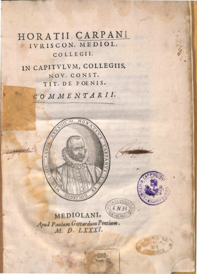Copertina  Horatii Carpani Ivriscons. Mediol. Collegii. In Capitvlvm Collegiis, Nov. Const. Tit. De Poenis. Commentarii