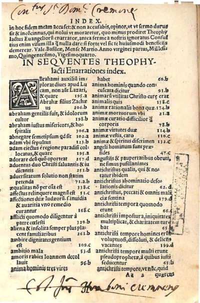 Copertina  [Theophylacti archiepiscopi Bulgariae in quatuor Euangelia enarrationes, iam nunc multò diligentius, tum exactius, quam antea, reuisae atque recognitae. Ioanne Oecolampadio interprete. Euangelium secundum Matthaeum. Secundum Marcum. Secundum Lucam. Secundum Ioannem]