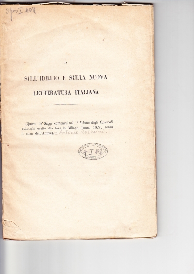 Copertina  I. Sull'idillio e sulla nuova letteratura italiana