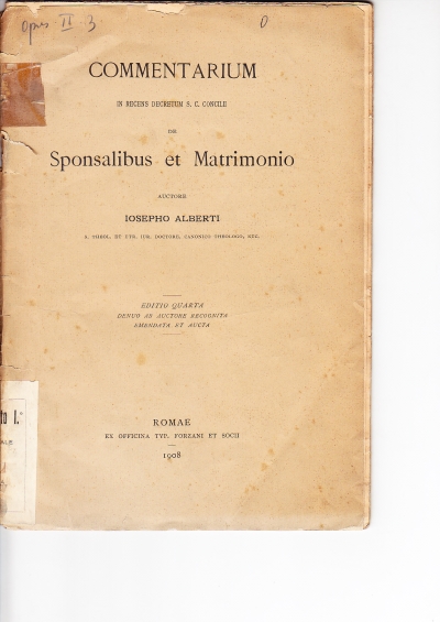 Copertina  Commentarium in recens decretum S.C. Concilii de Sponsalibus et Matrimonio
