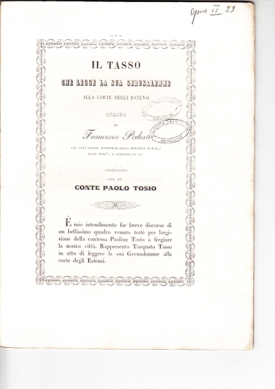 Copertina  Il Tasso che legge la sua Gerusalemme alla Corte degli Estensi. Quadro di Francesco Podesti cav. dell'Ordine Pontificio della Milizia aurata socio dell'I. R. Academia ec. ec. Commissione del fu conte Paolo Tosio