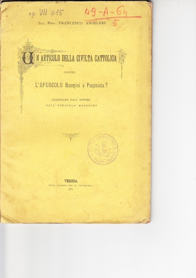 Copertina  Un articolo della Civiltà Cattolica contro l'opuscolo Rosmini è Panteista? Esaminato dall'Autore dell'opuscolo medesimo