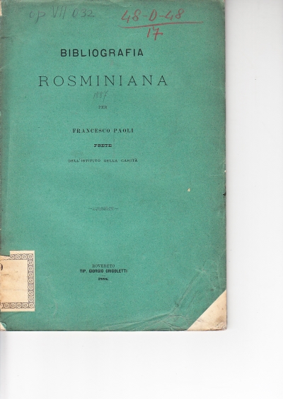 Copertina  Bibliografia rosminiana [1887] per Francesco Paoli, Prete dell'Istituto della Carità
