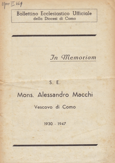 Copertina  In memoriam. S.E. Mons. Alessandro Macchi Vescovo di Como, 1930-1947