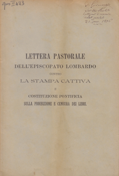 Copertina  Lettera Pastorale dell'Episcopato Lombardo contro la stampa cattiva e Costituzione pontificia sulla proibizione e censura dei libri