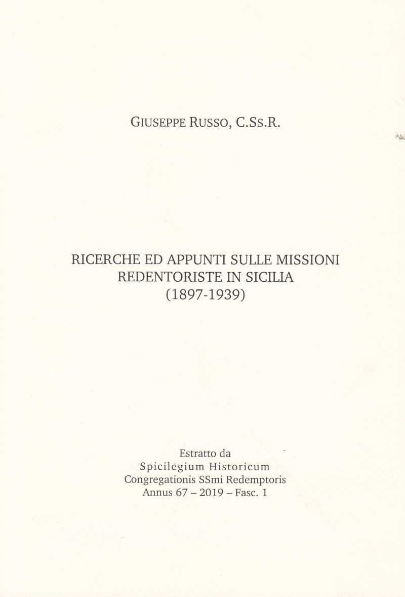 Copertina  Ricerche ed appunti sulle missioni redentoriste in Sicilia (1897-1939)