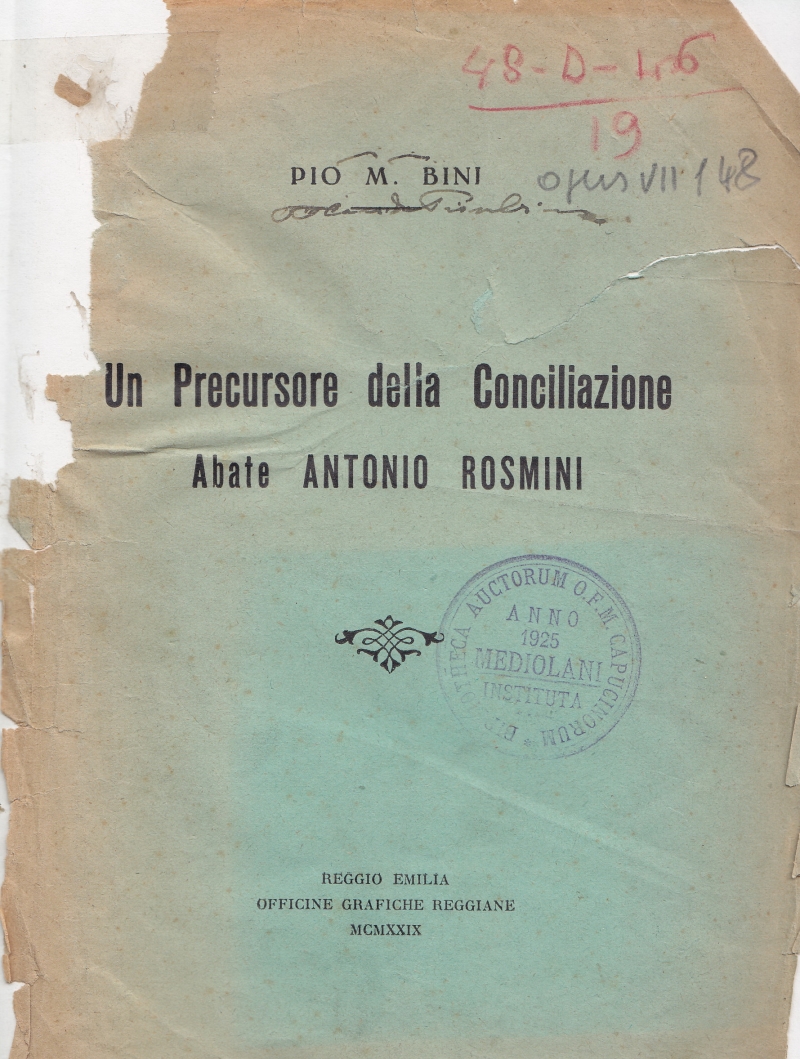Copertina  Un Precursore della Conciliazione Abate Antonio Rosmini