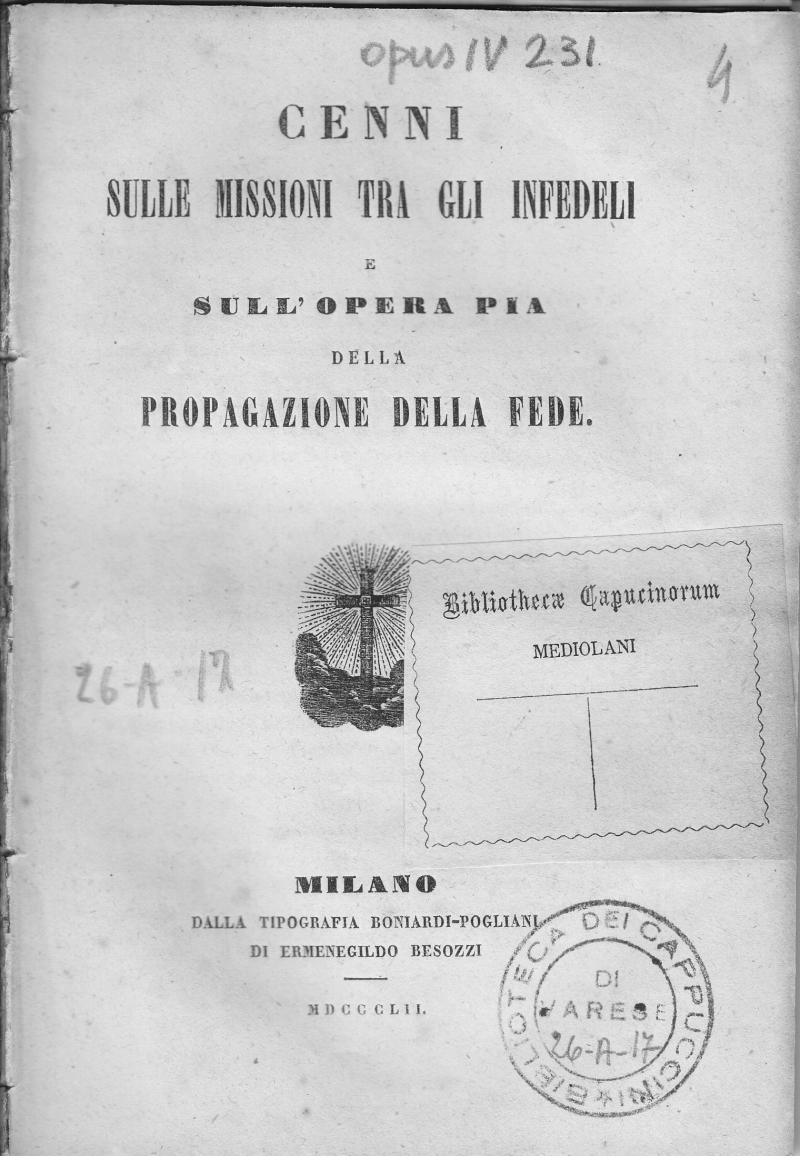 Copertina  Cenni sulle Missioni tra gli Infedeli e sull'Opera Pia della Propagazione della fede