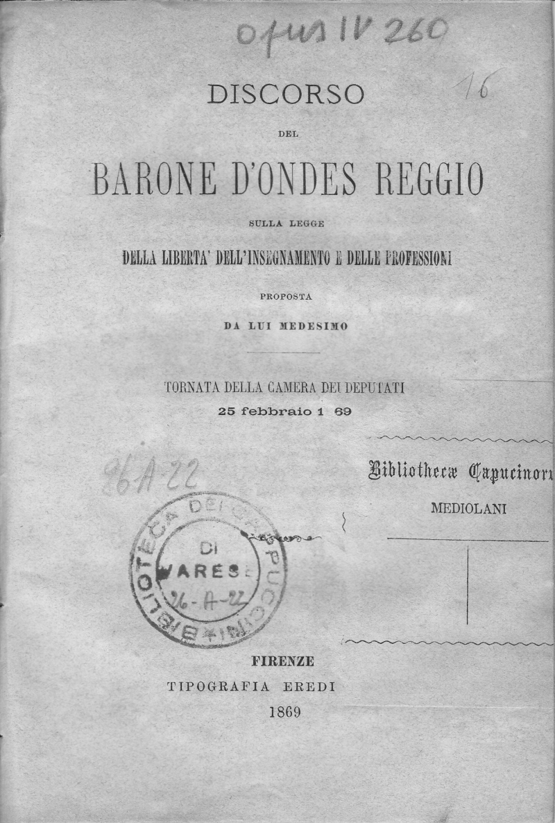 Copertina  Discorso del Barone D'Ondes Reggio sulla legge della libertà dell'insegnamento e delle professioni proposta da lui medesimo