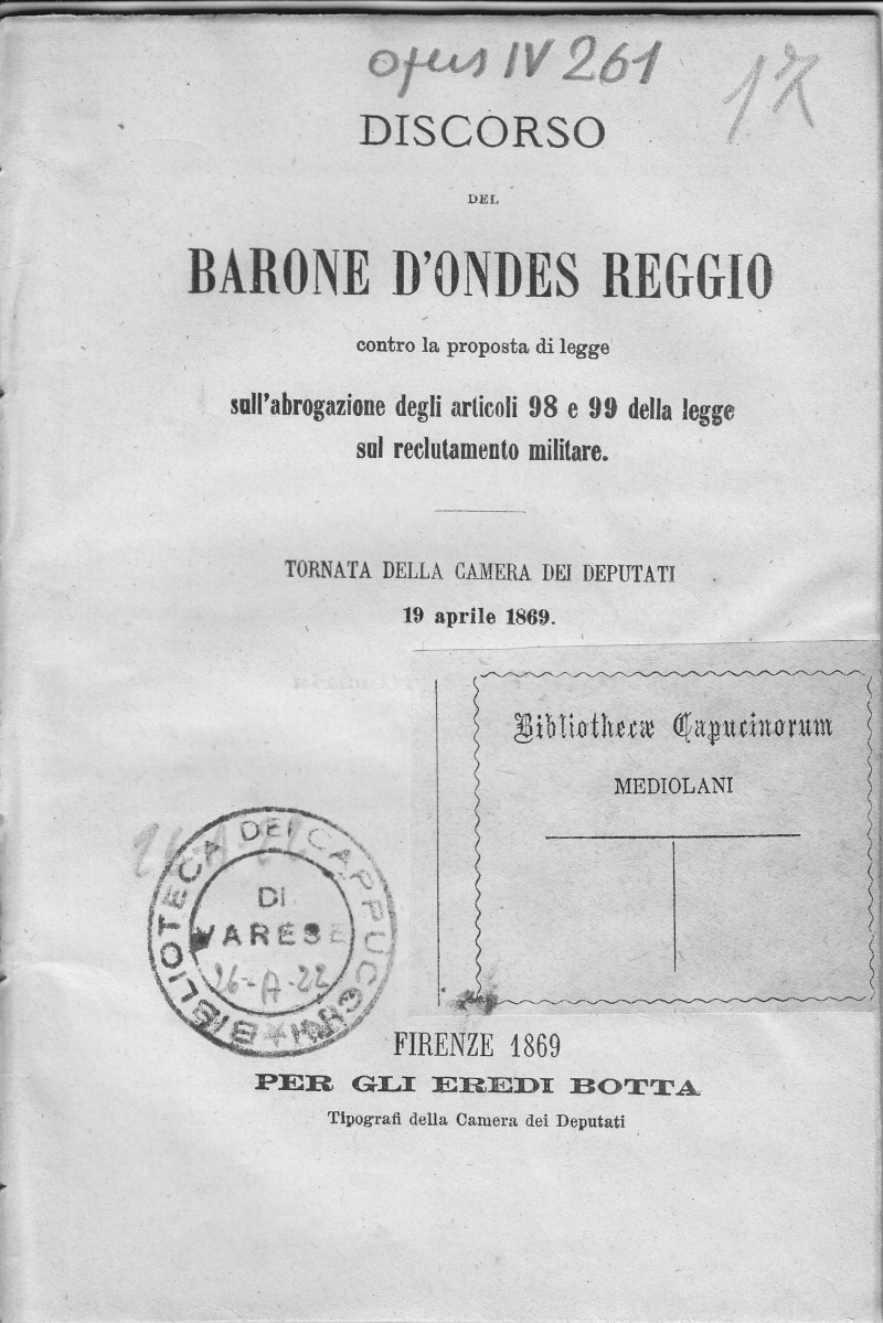 Copertina  Discorso del Barone D'Ondes Reggio contro la proposta di legge sull'abrogazione degli articoli 98 e 99 della legge sul reclutamento militare