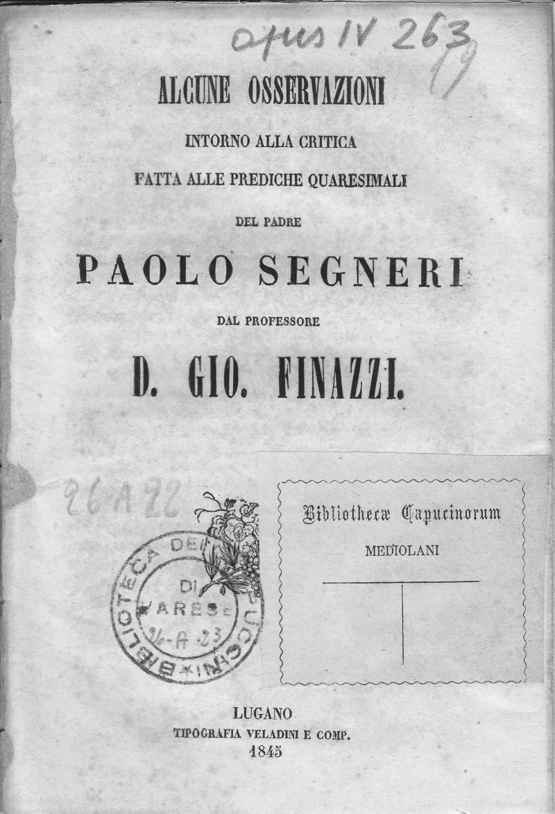 Copertina  Alcune osservazioni intorno alla critica fatta alle prediche quaresimali del Padre Paolo Segneri dal professore D. Gio. Finazzi