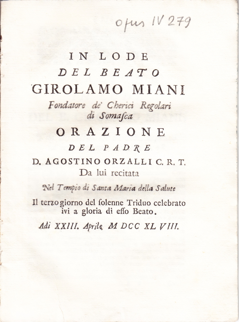 Copertina  In lode del Beato Girolamo Miani Fondatore de' Cherici Regolari di Somasca