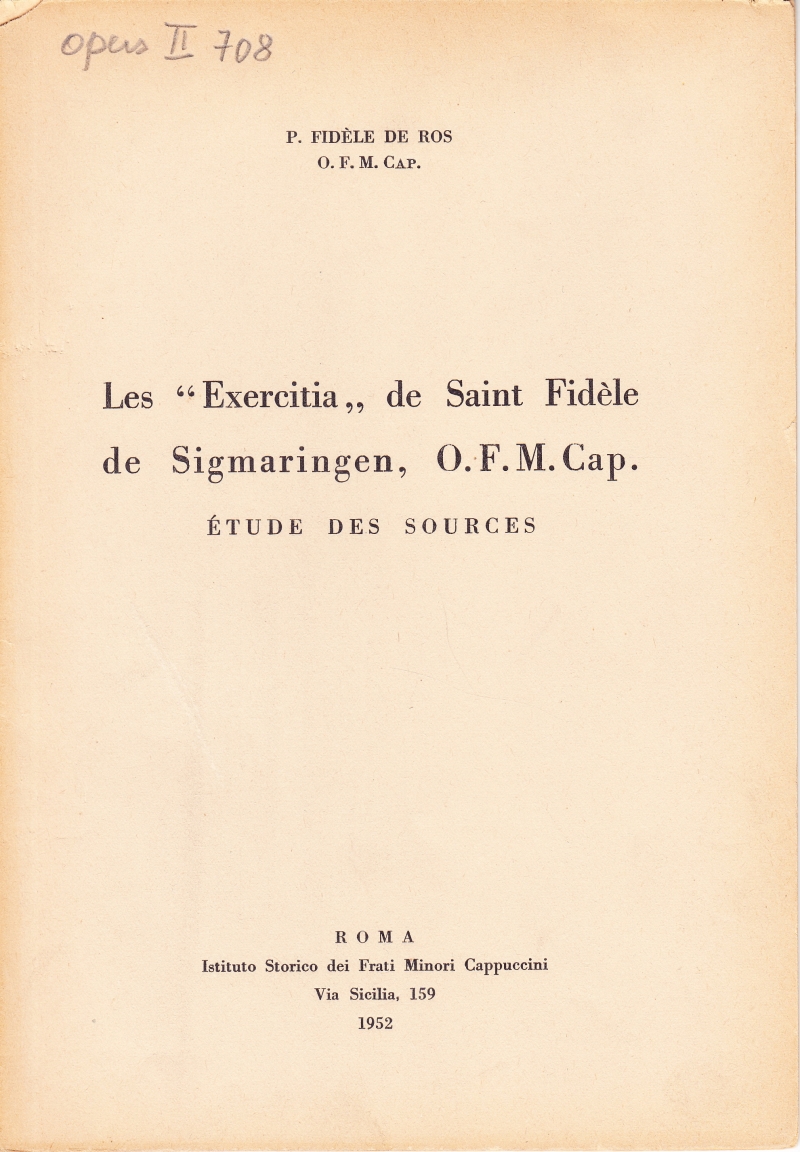 Copertina  Les \\Exercitia\\ de Saint Fidèle de Sigmaringen, O.F.M.Cap. Étude des sources
