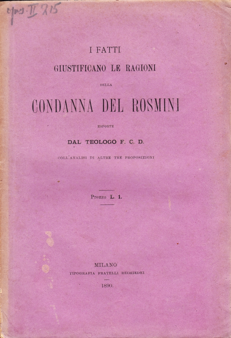 Copertina  I fatti giustificano le ragioni della condanna del Rosmini