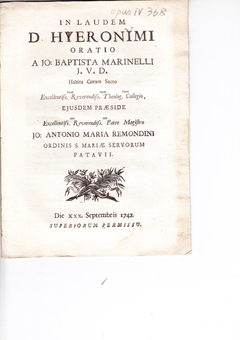 Copertina  In laudem D. Hieronymi. Oratio