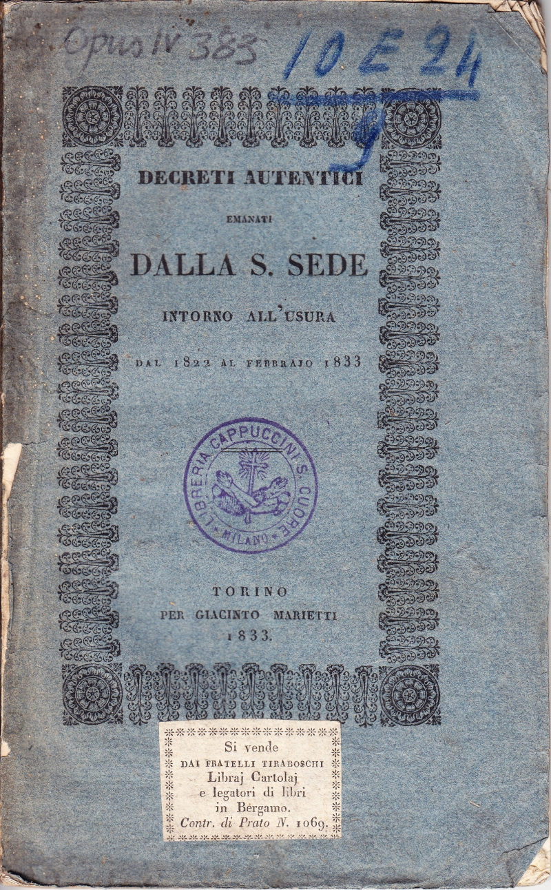 Copertina  Sanctae Apostolicae Sedis Responsa circa lucrum ex mutuo ab anno 1822 ad Febr. 1833