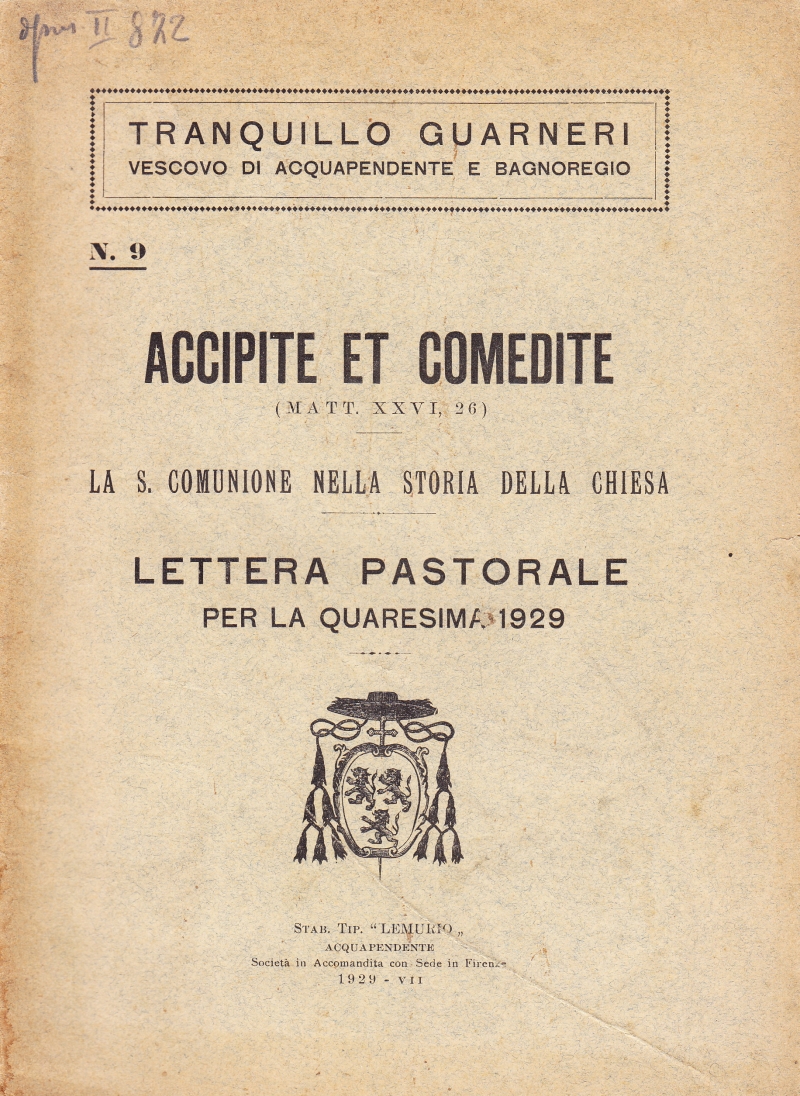Copertina  Accipite et comedite (Matt. XXVI, 26). La S. Comunione nella storia della Chiesa. Lettera pastorale per la Quaresima 1929