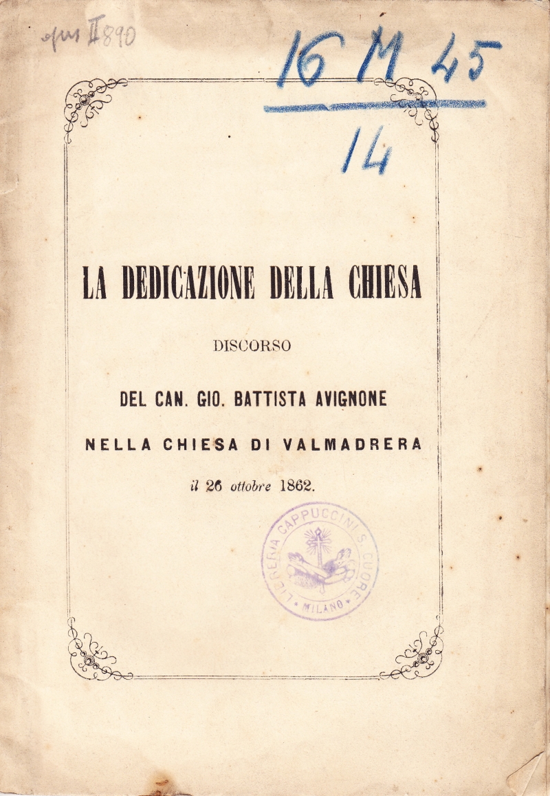Copertina  La dedicazione della Chiesa. Discorso del Can. Gio. Battista Avignone nella chiesa di Valmadrera il 26 ottobre 1862