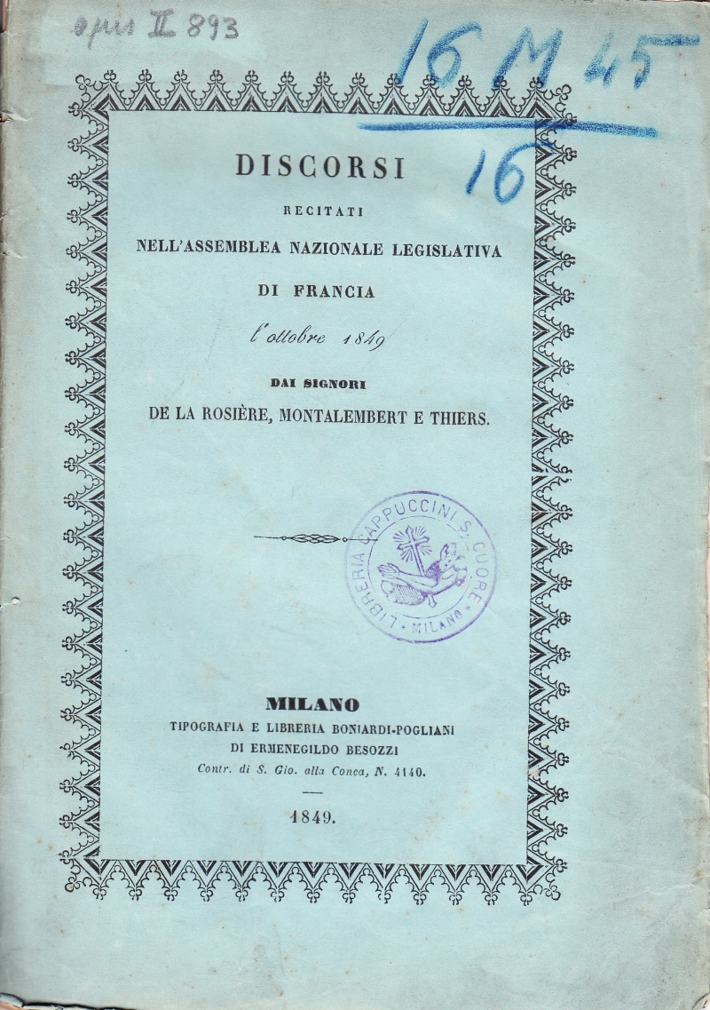 Copertina  Discorsi recitati nell'Assemblea Nazionale Legislativa di Francia l'ottobre 1849