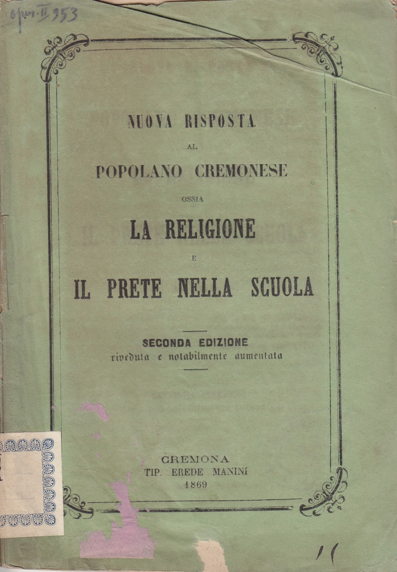 Copertina  Nuova risposta al popolano cremonese ossia la Religione e il prete nella scuola