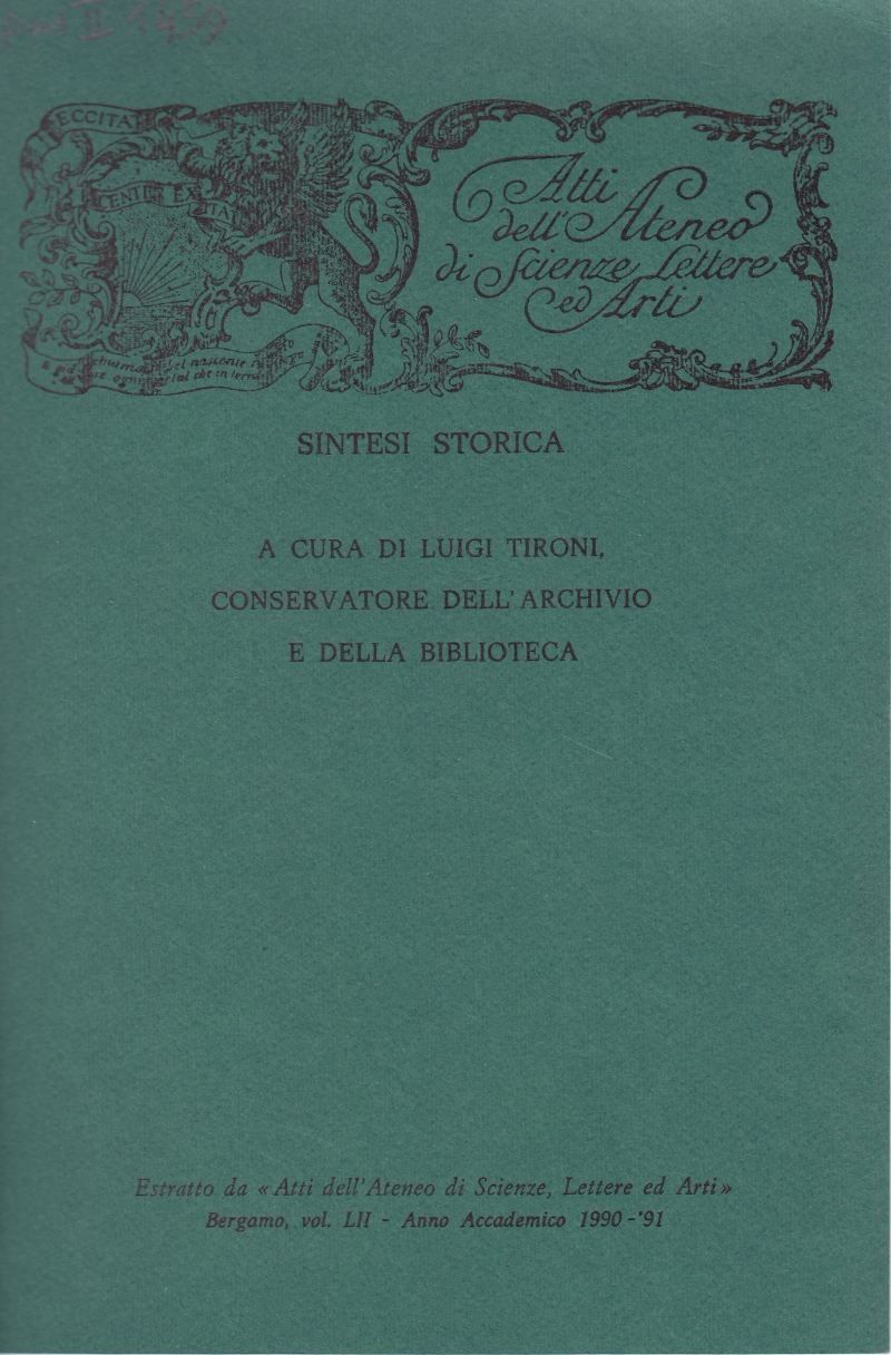 Copertina  Atti dell'Ateneo di Scienze, Lettere ed Arti. Sintesi Storica