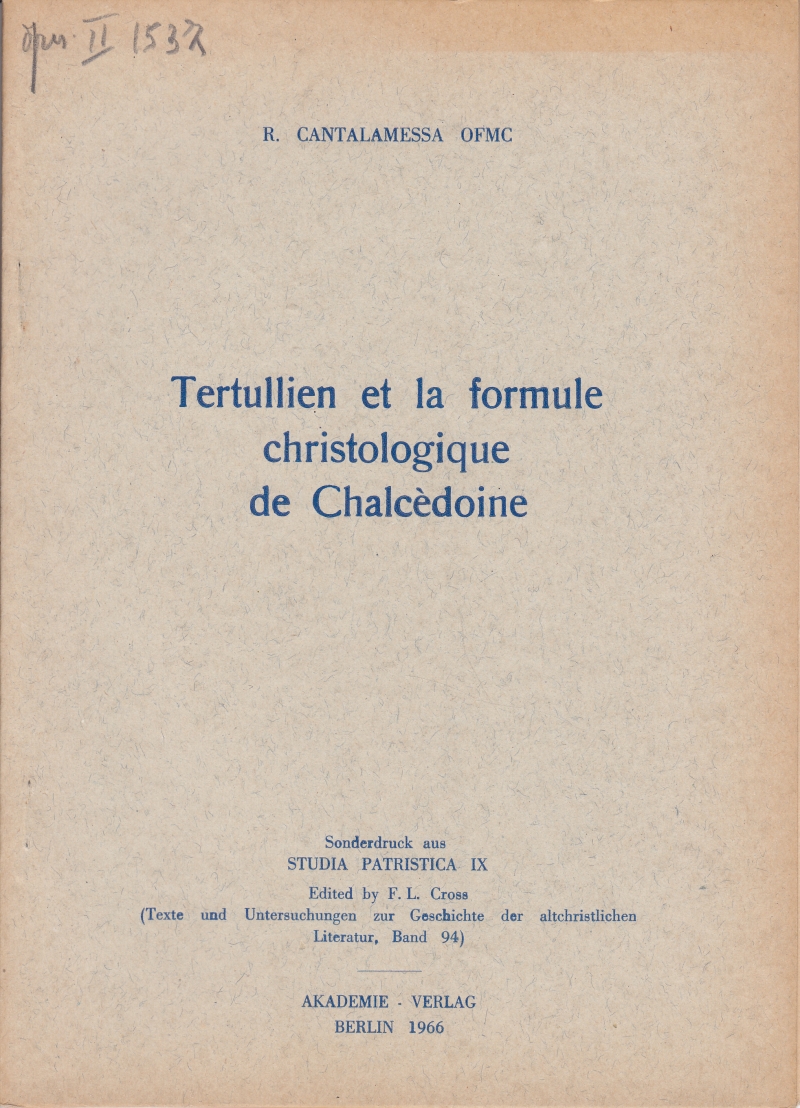 Copertina  Tertullien et la formule christologique de Chalcèdoine : In: Studia Patristica IX