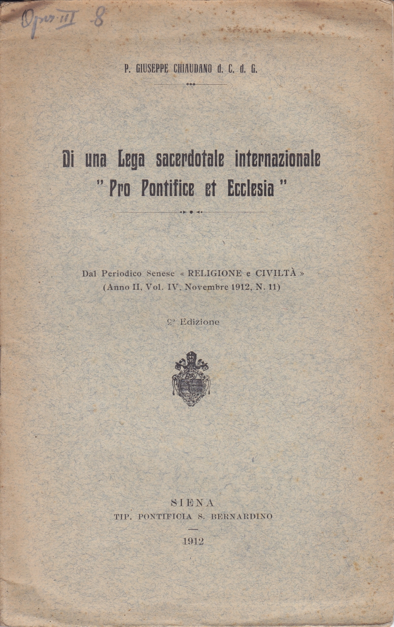 Copertina  Di una Lega sacerdotale internazionale \\Pro Pontifice et Ecclesia\\