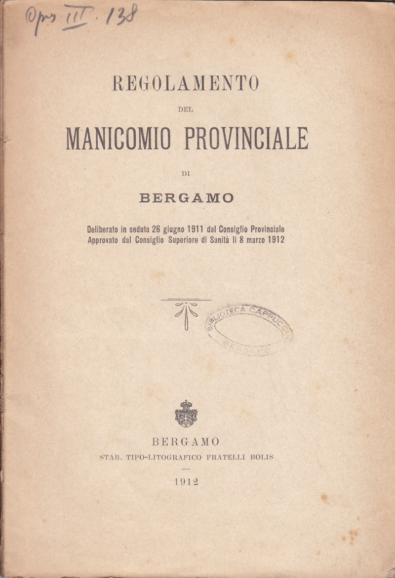 Copertina  Regolamento del Manicomio Provinciale di Bergamo