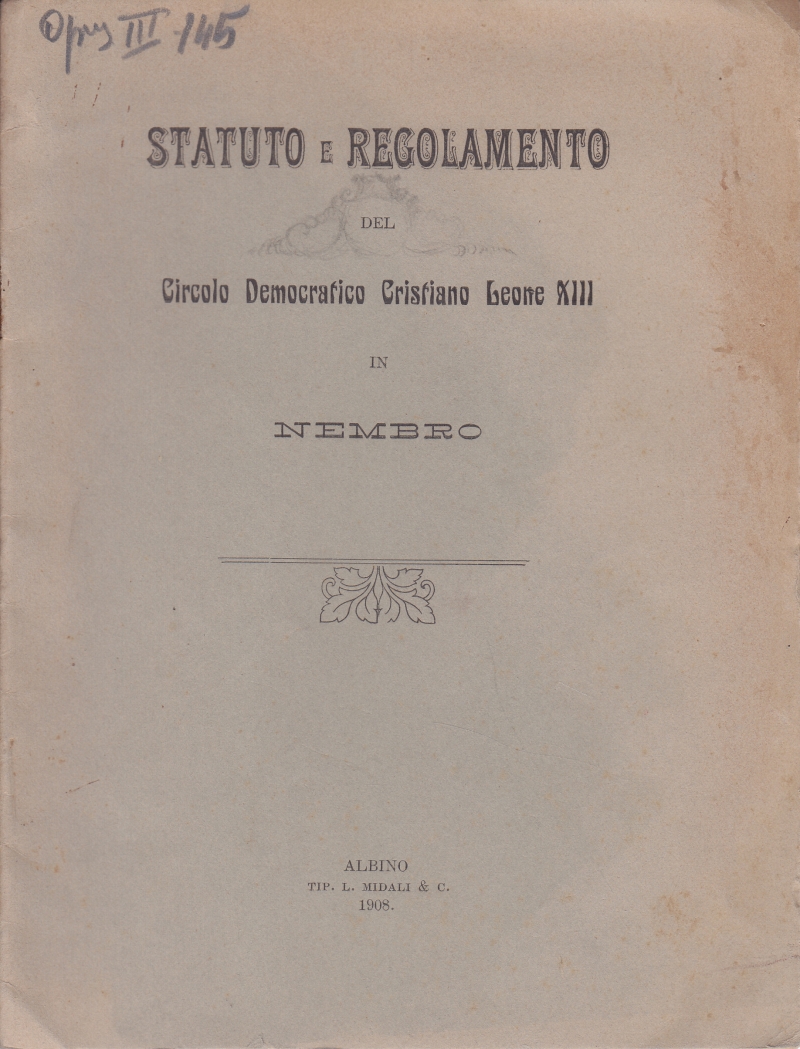Copertina  Statuto e Regolamento del Circolo Democratico Cristiano Leone XIII in Nembro