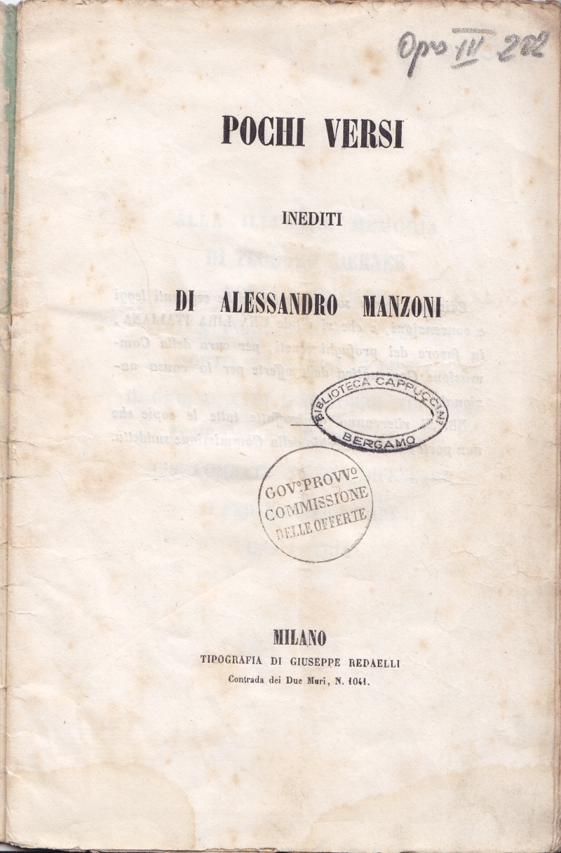 Copertina  Pochi versi inediti di Alessandro Manzoni