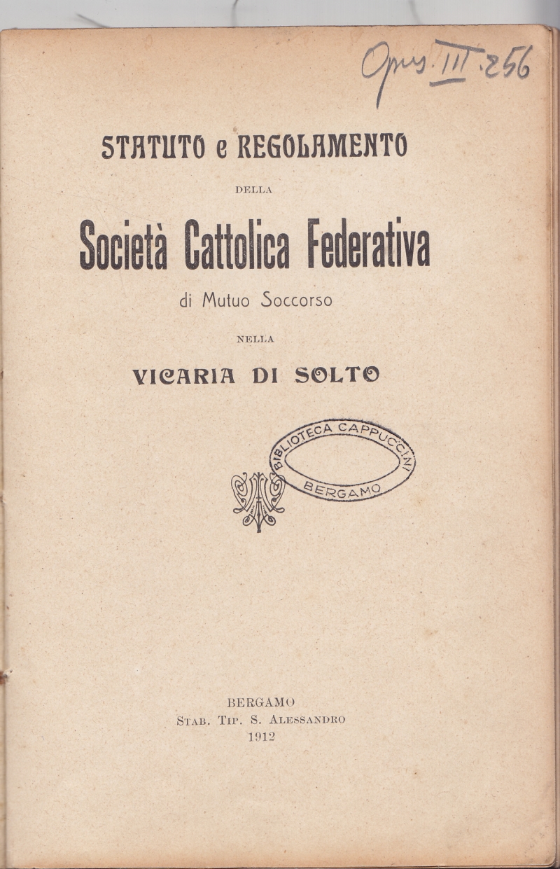 Copertina  Statuto e Regolamento della Società Cattolica Federativa di Mutuo Soccorso nella Vicaria di Solto