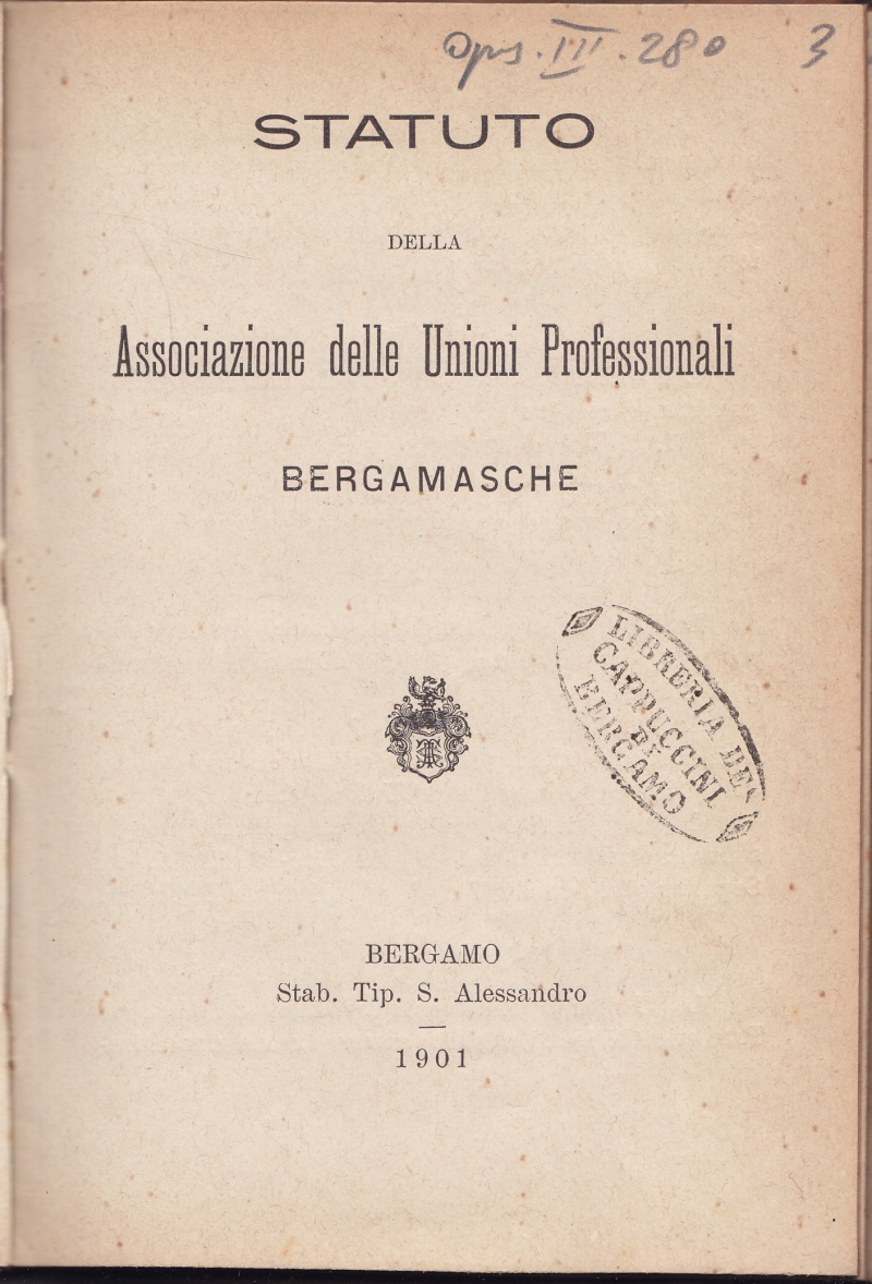 Copertina  Statuto della Associazione delle Unioni Professionali bergamasche