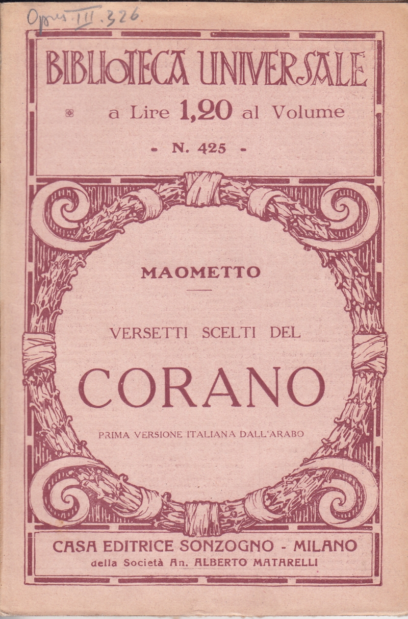 Copertina  Versetti scelti del Corano. Prima versione italiana dall'arabo