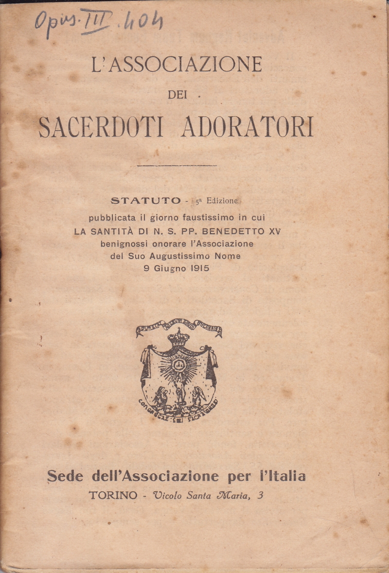 Copertina  L'Associazione dei Sacerdoti Adoratori. Statuto
