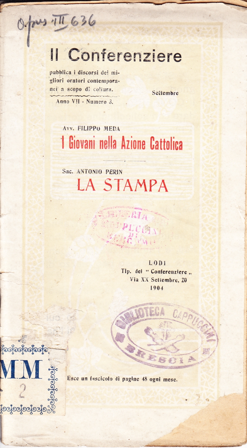 Copertina  Avv. Filippo Meda, I giovani nella Azione Cattolica. ; Sac. Antonio Perin, La stampa