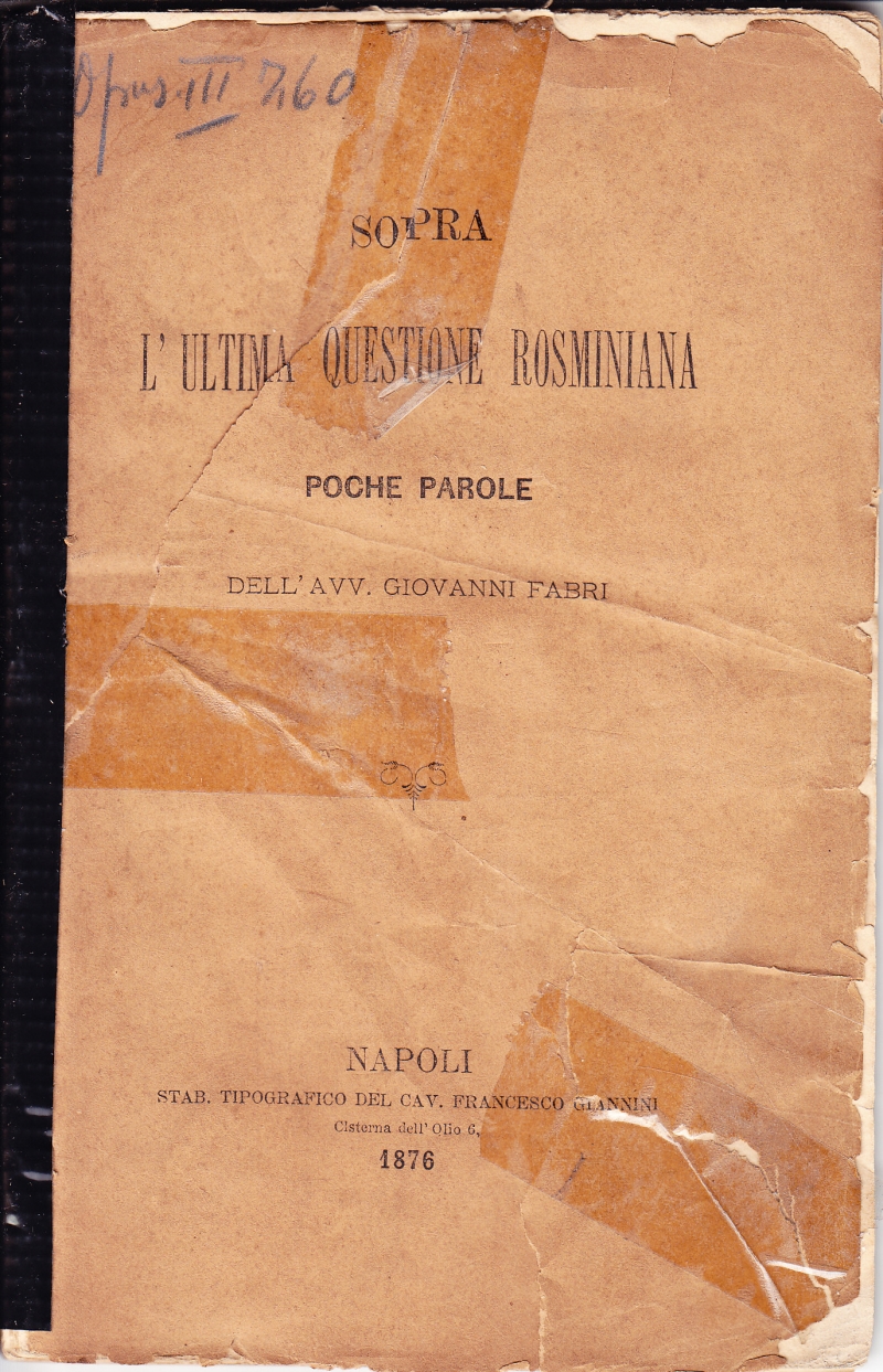 Copertina  Sopra l'ultima questione rosminiana. Poche parole