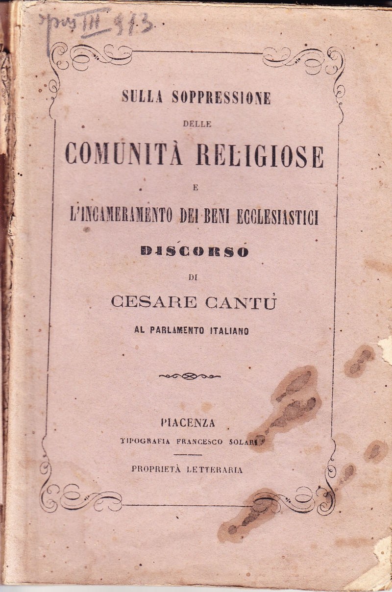 Copertina  Sulla soppressione delle Comunità Religiose e l'incameramento dei beni ecclesiastici. Discorso