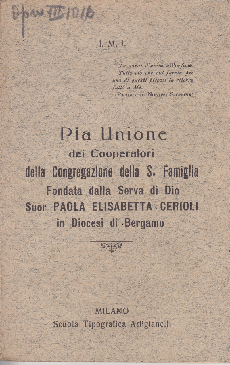 Copertina  Pia Unione dei Cooperatori della Congregazione della S. Famiglia Fondata dalla Serva di Dio Suor Paola Elisabetta Cerioli in Diocesi di Bergamo