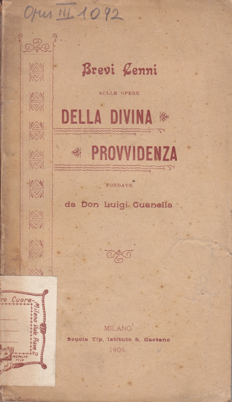 Copertina  Brevi cenni sulle opere della Divina Provvidenza fondate da Don Luigi Guanella