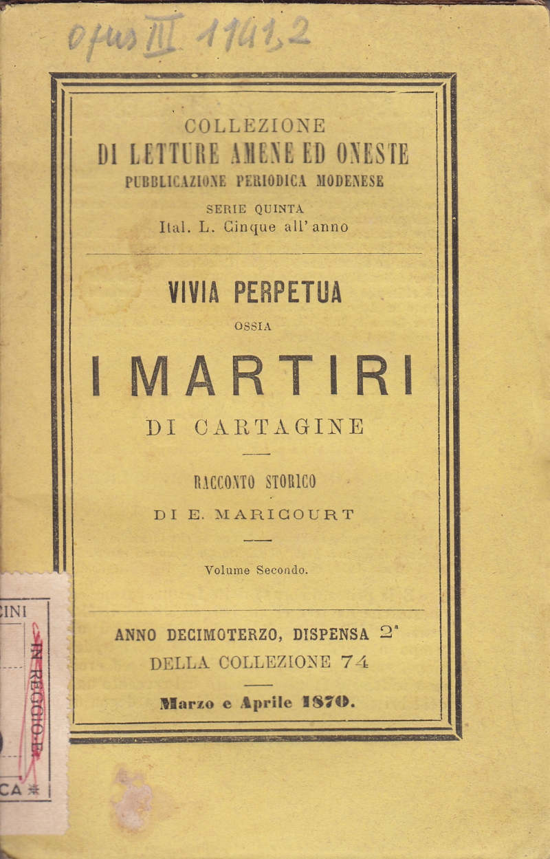 Copertina  Vivia Perpetua ossia i Martiri di Cartagine. Racconto storico 